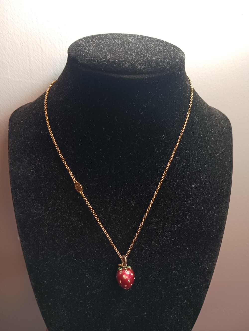 Retired Juicy Couture  Gold Tone Enamel & Crystal Strawberry Charm Necklace